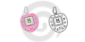 Classic y2k, 90s and 2000s aesthetic. Flat and outline style retro electronic pet pocket game, vintage element. Hand-drawn vector