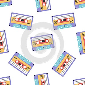 Classic y2k, 90s and 2000s aesthetic. Flat style audio cassette, vintage seamless pattern. Hand-drawn vector illustration