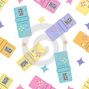 Classic y2k, 90s and 2000s aesthetic. Flat style retro game console, vintage seamless pattern. Hand-drawn vector illustration