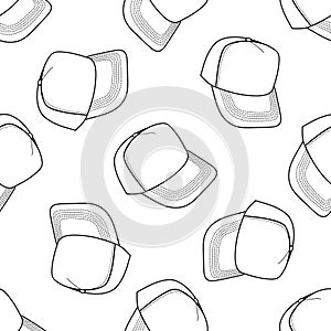 Classic y2k, 90s and 2000s aesthetic. Outline style cap, baseball cap, vintage seamless pattern. Hand-drawn vector illustration