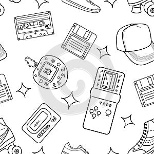 Classic y2k, 90s and 2000s aesthetic. Outline style vintage seamless pattern. Hand-drawn vector illustration. Patch, sticker,