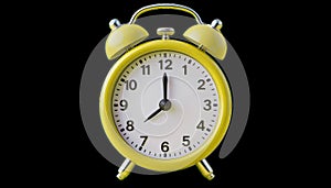 A classic yellow alarm clock indicating 7:00, ideal for morning routines, wake-up themes, time management, and photo