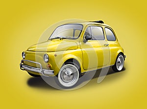 Classic yellow Fiat 500 side view isolated on a yellow backgound