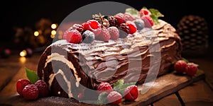 Classic Yuletide log festive treat Christmas pie on a plate decorated with berries