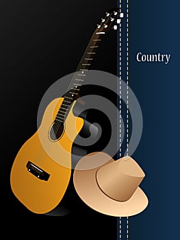 Classical acoustic guitar, cowboy hat on country background. Music instrument.