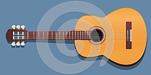 A classical guitar front view on a blue background.