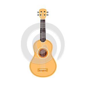 Classical acoustic guitar with wooden body flat vector illustration isolated.