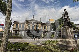 Classical architectural facade of the Costa Rican National Theater Building in the center of the city of San Jose in Costa Rica