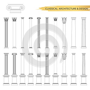 Classical architectural form drawings in set. Vector drawing design elements for classic architecture.