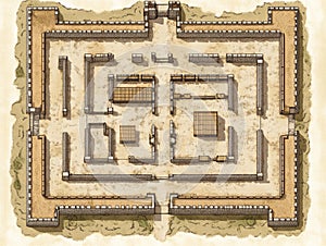 Classical Roman military fort layout with principia and barracks illustrated