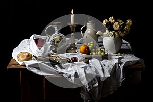 Classical Baroque Still-life in Dutch breakfast style on a black Background