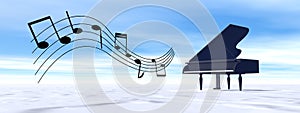 Classical black grand piano playing melody in the winter nature - 3D render