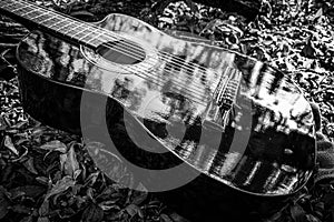 classical black guitar on the grass in black and white photo