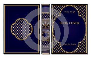 Classical book cover and spine design. Vintage ornament frames. Royal Golden and dark blue style design. Border to be printed on