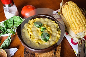 Classical Chilean food white beans in corn sauce. Porotos con mazamorra in spanish