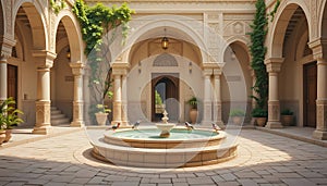 Classical courtyard with fountain arched architecture serene setting and decorative stone elements
