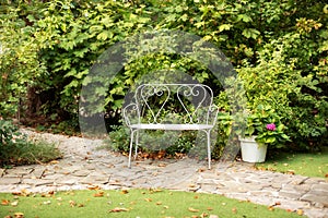 Classical decorative wrought iron garden bench. Cozy garden corner. Interior Patio of house with green plants in pots. White bench