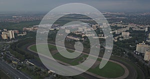 Classical empty old stadium from birds eye view. Drone view. 4k 4096 x 2160 pixels