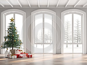 Classical empty room decorate with christmas tree 3d render