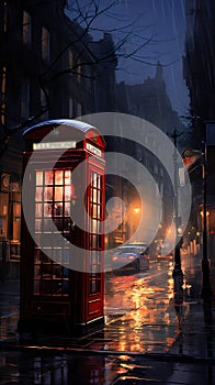 classical english red telephone cab, night street, generative ai