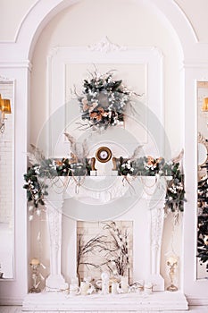 Classical fireplace decorated with tree branches. Vertical