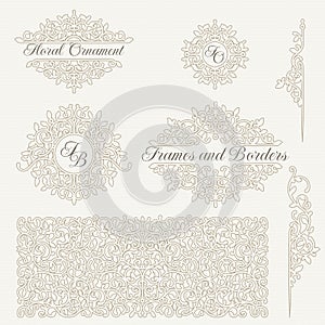Classical  floral elements. Decorative vector monograms and borders, seamless pattern