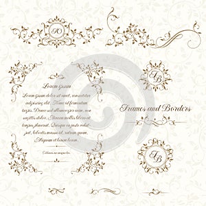 Classical  floral elements. Decorative vector monograms and borders, seamless pattern