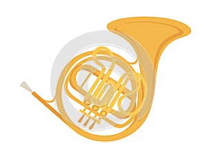 Classical French horn musical instrument with flowing musical notes flat vector illustration