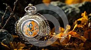 Classical Genre Scene: Orange Pocket Watch Amongst Twigs And Leaves photo