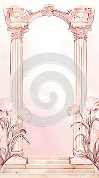 Classical greek columns with flowers. Hand drawn vector illustration.