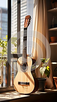 A classical guitar graces a modern city apartment, bridging eras with elegance.