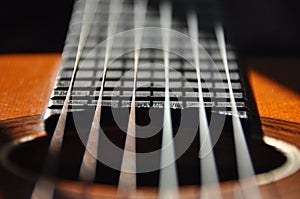 Classical guitar. Issuing a stringed instrument sounds. Fretboard, strings