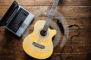 Classical guitar and microphone For musicians.