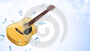Classical guitar with music notes flying on a blue bokeh sky background. Instrumental vector banner