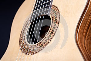 Classical guitar top  on black background