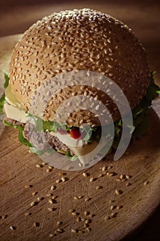 Classical hamburger on a wooden plate