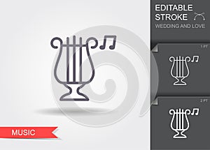 Classical harp. Line icon with shadow and editable stroke