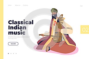 Classical indian music concept of landing page with indian artist musician man play on sarangi