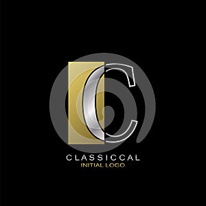 Classical Initial Letter C logo icon, vector design concept rectangle geometric shape with outline letter logo gold and silver
