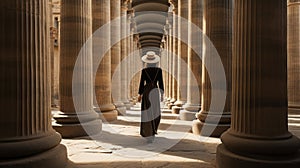 Classical-inspired Woman With Hat Walking Through Pillared Hallway