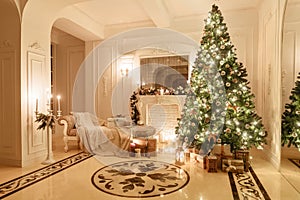 Classical interior of a white room. Christmas evening by candlelight. classic apartments with a white fireplace