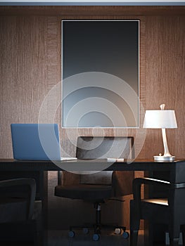 Classical interior with workplace and black canvas. 3d rendering