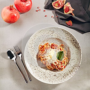 Classical Italian spaghetti with Amatriciana sauce