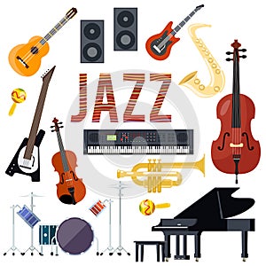 Classical jazz performance musical instruments isolated set flat design vector illustration