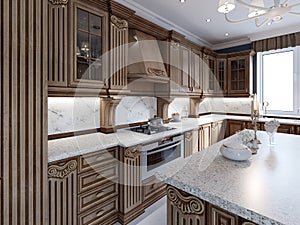 Classical kitchen in luxury home with oak wood cabinetry