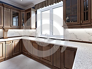 Classical kitchen in luxury home with oak wood cabinetry