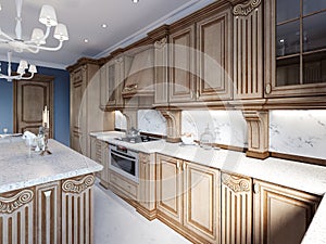 Classical kitchen in luxury home with oak wood cabinetry