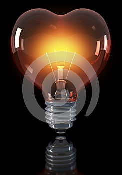 Classical light bulb, heart shaped, glowing yellow red