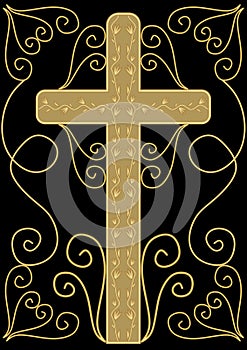 Classical luxury funereal decoration with golden crucifix with golden floral decoration and swirly elements on black background