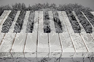 Classical music background art photo double exposure of piano keys and winter landscape